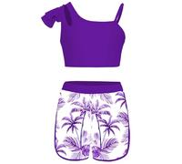 Raenseen Costume De Bain pour Bébés Filles Et Filles Tankini pour La Plage Bikini pour La Mer Crop Top À Une Épaule Shorts De Bain Maillot De Estival Costume De Violet 15-16 Ans