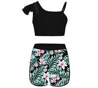 Raenseen Costume De Bain pour Bébés Filles Et Filles Tankini pour La Plage Bikini pour La Mer Crop Top À Une Épaule Shorts De Bain Maillot De Estival Costume De Fleur Noire 13-14 Ans