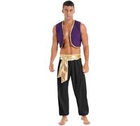 Raenseen Costume Prince D Arabie Homme Costume Arabe Gilet Waistcoat Veste Ouverte Pantalon Bloomers Tenue Jeu De Rôle Cosplay Carnaval Halloween Noir L