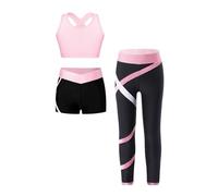 Raenseen Ensemble De Sport Pour Fille 3 Pièces Complet Pour Entraînement Danse Moderne Yoga Course Jogging Débardeur Sportif + Short Sportif + Leggings Longs Rose 5-6 ans