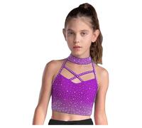 Raenseen Gilet De Sport pour Danseuse De Gymnastique Artistique Enfant en Coupe Crop Top Col Halter Chemise De Sport pour Danse Moderne Jazz Hip Hop avec Strass Violet 11-12 Ans