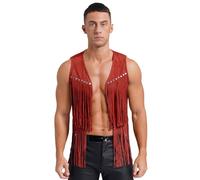 Raenseen Gilet Hippie À Franges Homme Gilet Pour Hippies Et Indiens Veste Western Homme Pirate Médiéval Gothique Manteau Veste Vintage Costume Carnaval Rouge XL