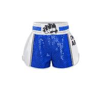 Raenseen Pantaloncini Muay Thai MMA Kickboxing pour Enfants Et Garçons Trunks Boxe Shorts Pantalons Courts Dentraînement Grappling Arts Martiaux Compétition Bleu Blanc 11-12 Ans