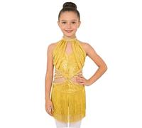 Raenseen Robe Danse Latino pour Bambina Robe Danse Classique Moderne Jazz avec Dentelle Strass Et Paillettes Costume Patinage Artistique Costume Samba Rumba Salsa Jaune 9-10 Ans