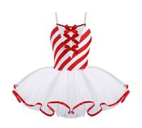 Raenseen Robe de Noël pour Fille - Costume de Patinage Artistique - Tutu Body Danse Classique Robe Ballerine Tenue Danse Latine avec Nœud Rayé Rouge 9-10 Ans