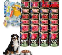 RAFI Nourriture Humide pour Chien 24x400g Lot de 5 SAVEURS, canard, caille, agneau, gibier, bœuf + KIT DE JOUETS