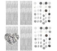 RAFIYU 6 Pcs Rideau Métallique de Frange Argenté, Rideau Brillant Tinsel, Rideaux DéCoratifs à Franges en Feuille D'Aluminium pour anniversaire, mariage, nouvel an avec 2 Guirlande Papier Anniversaire