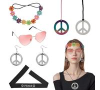 RAFIYU Deguisement Hippie Femme, 7 pièces Accessoires Hippie, Lunettes Coeur, Bandeau Bohème, Bandeau Hippie, Collier de la Paix, Paire de Boucles d'oreilles Paix, pour les Années 70 et 80