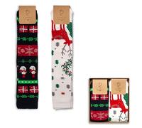 RAFRAY Chaussettes de Noël Montantes pour Femme - Coffret Cadeau - Chaussettes d’Hiver Chaudes en Coton Premium - 2 Paires - Taille 36-40 - Modèles Bonhomme de Neige & Renne