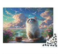 Ragdoll Chat sur Balcon avec café Oiseaux Ciel 1000 Piece Puzzles Adults and Children Cadeau pour La Famille Loisir Créatif Tableau Décoratif Jeu Stimulant 70x50cm/1000pcs