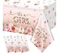 Ragnhild Lot de 3 nappes Florales pour fête prénatale, décorations de fête prénatale « It's a Girl » - Fleurs Roses - Décorations de fête prénatale pour Fille - en Plastique jetable