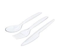 RAGO Lot de 150 couverts réutilisables - Couverts en plastique réutilisables - 50 couteaux, 50 fourchettes et 50 cuillères - Transparent, passent au lave-vaisselle selon la norme EN 12875-1, stables