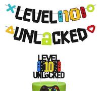 Raheem 10 ans de jeu vidéo - 1 décoration de gâteau + 1 drapeau d'anniversaire niveau 10 - Décoration de gâteau Happy Birthday déverrouillée - Pour garçons et filles - Thème de jeu - Décoration de