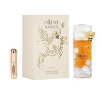 Raheeq Extrait de Parfum 100 ml Parfum arabe unisexe longue durée avec atomiseur rechargeable 5 ml Parfum gourmand oriental avec orange sanguine, caramel, noix de coco et vanille (Raheeq)