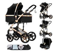RAHMANI Premium 3-in-1 Black Baby Stroller | Bassinet + Car Seat Combo | Shock-Absorbing Wheels, UV Canopy & Reversible Seat - Luxury Pushchair for Newborns (3 in 1 Black gold)