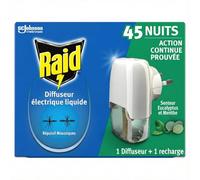 Raid Prise Anti-Moustiques Électrique Liquide Répulsif Moustiques et Moustiques Tigres 45 Nuits - Senteur Eucalyptus et Menthe - 1 Diffuseur + 1 Recharge