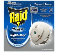 Raid diffuseur électrique night&day mouches, moustiques et moustiques tigres, 1 diffuseur + 1 recharge 240 heures, L'emballage peut varier