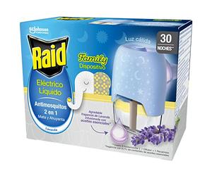 Raid® Électrique liquide Family Lavande 30 nuits - Prise anti-moustiques commune et tigre 2 en 1, tue et répulsif - Appareil + Recharge Parfum Lavande