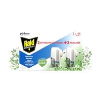 Raid Essentials Prise Anti-Moustiques Électrique Liquide - Répulsif Moustiques et Moustiques Tigres 45 Nuits - Sans Parfum Ajouté - 2 Diffuseurs + 2 Recharges