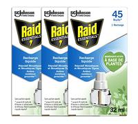 Raid Essentials Recharges Prise Anti-Moustiques Électrique Liquide - Répulsif Moustiques et Moustiques Tigres 45 Nuits - Sans Parfum Ajouté - 3 Recharges