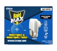 Raid Max Diffuseur Électrique Liquide - Anti-Moustiques et Moustiques Tigres 30 Nuits - Protection Continue & Nuits Sereines - Sans Parfum - 1 Diffuseur + 1 Recharge