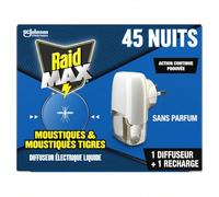 Raid Max Prise Anti-Moustiques Electrique Liquide - Moustiques et Moustiques Tigres 45 Nuits - 1 Diffuseur + 1 Recharge - Sans Parfum