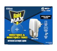 Raid Max Diffuseur Electrique Liquide - Moustiques et Moustiques Tigres 45 Nuits - 1 Diffuseur et 1 Recharge - Sans Parfum