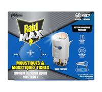 Raid Max Prise Anti-Moustiques Électrique Liquide - Moustiques et Moustiques Tigres 60 Nuits - 1 Diffuseur + 1 Recharge - Sans Parfum