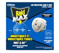 Raid Max Diffuseur Electrique Liquide Night & Day - Anti-Moustiques et Moustiques Tigres - Protection Longue Durée Jour & Nuit - Sans Parfum - 1 Diffuseur + 1 Recharge