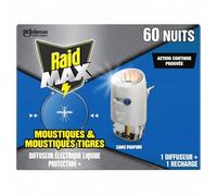 Raid Max Prise Anti-Moustiques Électrique Liquide - Moustiques et Moustiques Tigres 60 Nuits - 1 Diffuseur + 1 Recharge - Sans Parfum