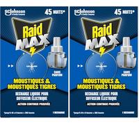 Raid Max Recharge Diffuseur Electrique Liquide - Moustiques et Moustiques Tigres 45 Nuits - Sans Parfum - 1 Recharge (Lot de 2)