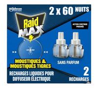 Raid Max Recharges Diffuseur Electrique Liquide - Anti-Moustiques et Moustiques Tigres 60 Nuits - Sans Parfum - 2 Recharges