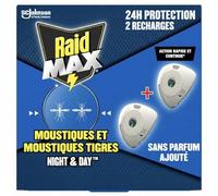 Raid Max Recharges Diffuseur Electrique Liquide Night & Day - Anti-Moustiques et Moustiques Tigres - Protection Longue Durée Jour & Nuit - Sans Parfum - 2 Recharges