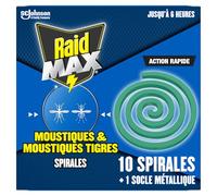 Raid Max Spirales - Anti-Moustiques & Moustiques Tigres - Action Rapide - Protection Efficace En Extérieur - 10 Spirales + 1 Socle Métallique