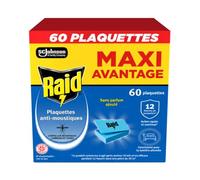 Raid Plaquettes anti-moustiques, 60 plaquettes sans odeur pour moustiques communs et tigres, jusqu'à 12 heures de protection, compatibles avec diffuseurs Raid