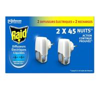 Raid Recharge Diffuseur Électrique Liquide - Répulsif Moustiques et Moustiques Tigres 90 Nuits - 2 Diffuseurs et 2 Recharges