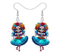 RAIDIN Acrylique Jour Du Crâne Sucre Mort Boucles d'oreilles Poupée Voodoo Cadeaux de Vacances Halloween pour les Femmes Filles, Costume de Style Mexicain Effrayant Accessoires de Bijoux (Bleu)