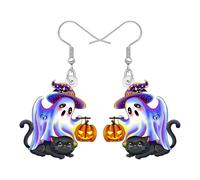 RAIDIN Boucles d'oreilles pendantes en acrylique avec fantôme d'Halloween et chat noir - Cadeau de vacances bizarre pour femme - Pour les amateurs de chats, gothique effrayant pour Halloween, M