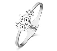RAIDIN Bracelet en acier inoxydable 18K or argent renard mignon chat hibou pour femmes filles Bracelets de manchette en cristal rat cygne Éléphant Bijoux pour cadeaux (Argent-050 Chat)