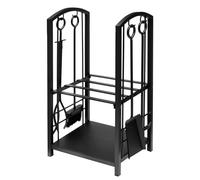 raik Étagère en bois avec set de cheminée Wilhelm 4 pièces en acier noir avec pelle, balai, tisonnier et pince à feu 74x40x30 cm