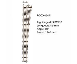 Rail, aiguillage droit droit 345mm, WR10, 10 degrés, code 83 - ROCO 42491 - HO 1