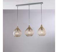 Rail Diamante blanc, cadre chromé, verre soufflé ambré effet cristal, câbles réglables, 3 lumières, style chic