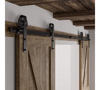 Rail Porte Coulissante Double 224cm Kit Roulette Suspendue Systeme Noir pour 2 Porte Coulissante Interieur 56cm Large, Milieu Roue J-forme