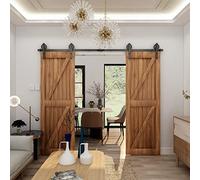 Rail Porte Coulissante Double 305cm Kit Roulette Suspendue Systeme Noir pour 2 Porte Coulissante Interieur 76cm Large, Grande Roue I Forme