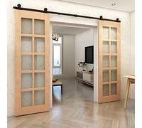 Rail Porte Coulissante Double 396cm Kit Roulette Suspendue Systeme Noir pour 2 Porte Coulissante Interieur 99cm Large, Petite Roue T-forme