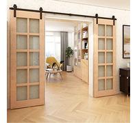 Rail Porte Coulissante Double 396cm Kit Roulette Suspendue Systeme Noir pour 2 Porte Coulissante Interieur 99cm Large, Petite Roue J-forme