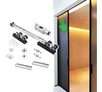 Rail Porte Coulissante Kit de Quincaillerie de Porte Coulissante Push to Open Soft-close, Système de Rouleaux Suspendus Silencieux avec Amortisseurs Double Sens, Rail Fluide(7.1ft(216.4cm))