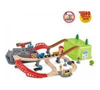 Hape Jouet Ensemble Circuit Train Multicolore, Train Marchandises, Grue, Travaux - 50 Pièces + Boîte de Rangement - Jeu Educatif Enfant de 3 Ans et Plus - Compatible Marques Traditionnelles