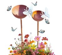 Rain Catcher Garden Stakes - 65cm Iron Rustic 2 Piece Bee Water Bowl Set, Outdoor Plant Support Bird Bath | Decorative Pollinator Watering Station for Garden Lawn Backyard Patio Landscape Use