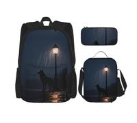 Rain Night Wolf Sac à dos à déjeuner et pochette - Sac de voyage 3 en 1 pour navetteurs, sac à déjeuner isotherme pour le travail avec housse pour ordinateur portable